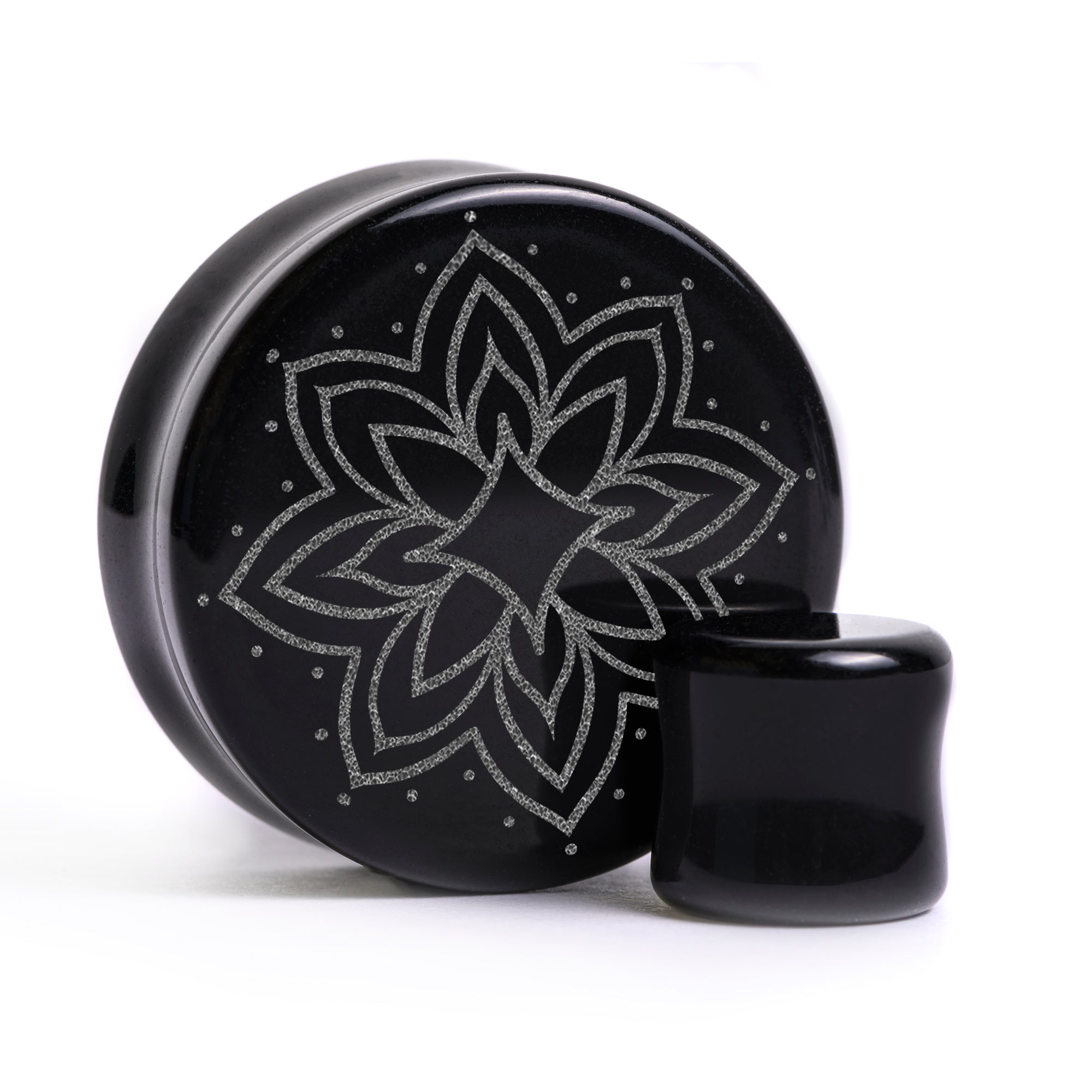 Starburst Mandala Ornamental Tattoo Plug / Gauge - Black Glass | Flat Faced Double Flare