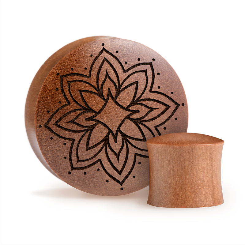 Plug / Gauge Mandala tatouage ornemental étoile éclatée - Bois de Saba | Convexe double évasé