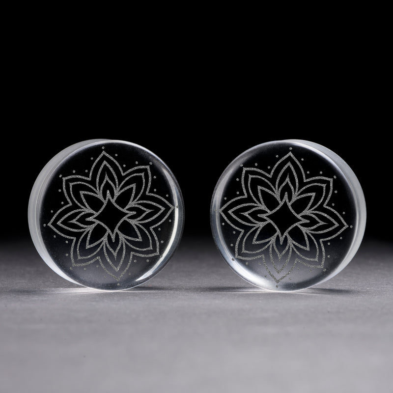 Plug / Gauge Mandala tatouage ornemental étoile éclatée - Verre transparent | Face plate double évasé