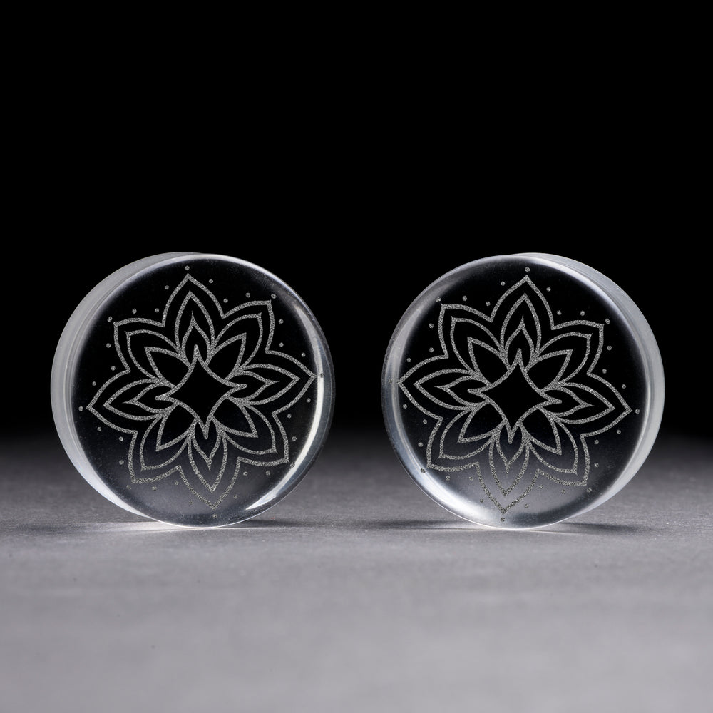 Starburst Mandala Ornamental Tattoo Plug / Gauge - Clear Glass | Flat Faced Double Flare - Lasered To Order In House At Custom Plugs HQ