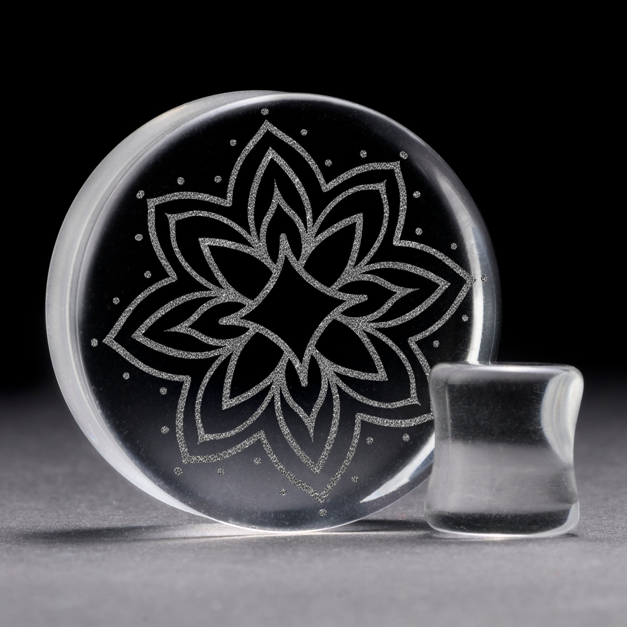 Starburst Mandala Ornamental Tattoo Plug / Gauge - Clear Glass | Flat Faced Double Flare