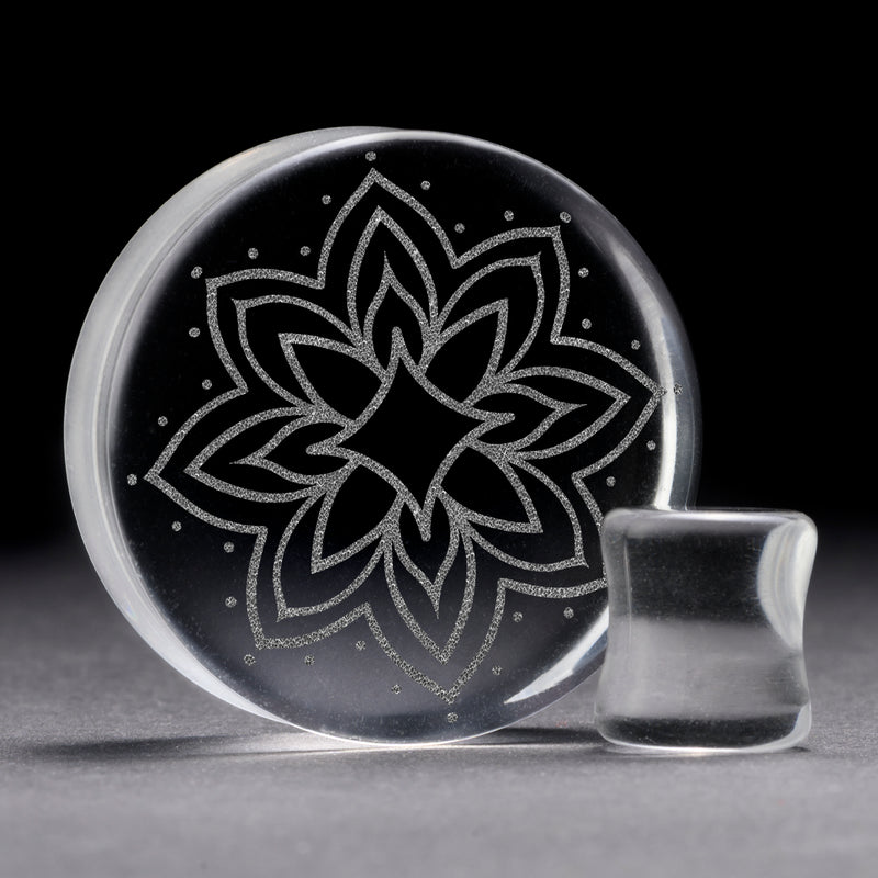 Plug / Gauge Mandala tatouage ornemental étoile éclatée - Verre transparent | Face plate double évasé