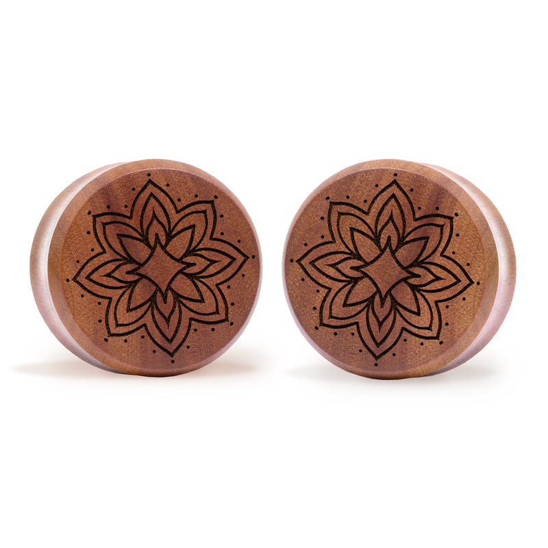 Plug / Gauge Mandala tatouage ornemental étoile éclatée - Bois de Saba | Face plate double évasé