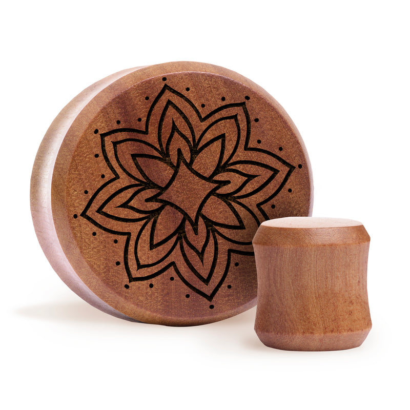 Plug / Gauge Mandala tatouage ornemental étoile éclatée - Bois de Saba | Face plate double évasé