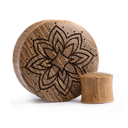 Starburst Mandala Ornamental Tattoo Plug / Gauge - Teak Wood | Convex Double Flare
