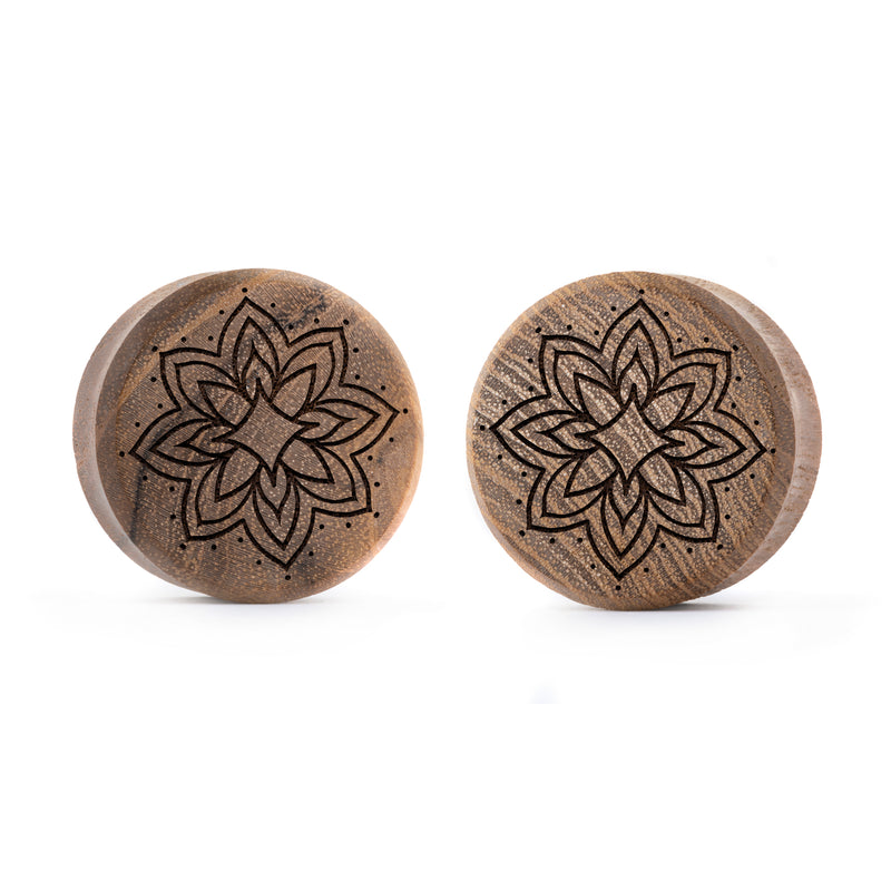 Plug / Gauge Mandala tatouage ornemental étoile éclatée - Bois de teck | Face plate double évasé