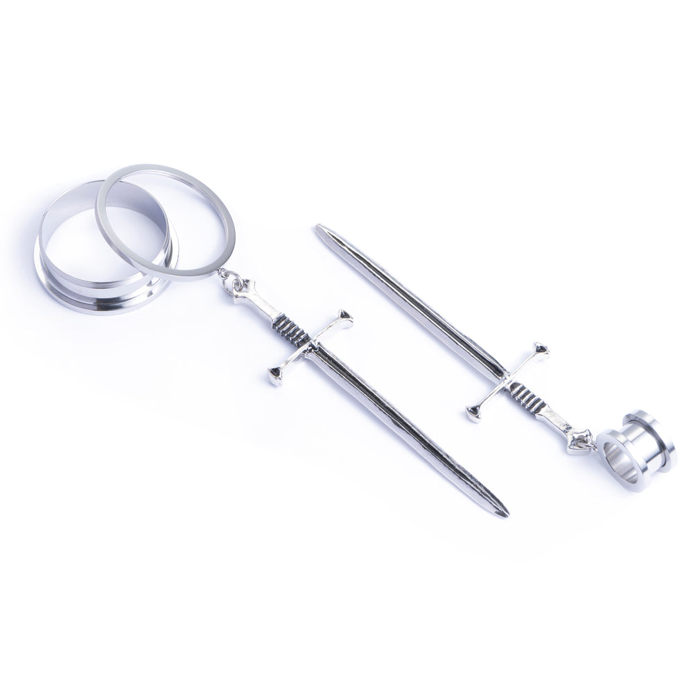 Steel Sword Screwback Stainless Steel Tunnel - Metal Screwback Dangle Plugs in 6mm (2g) - 30mm (1.18")