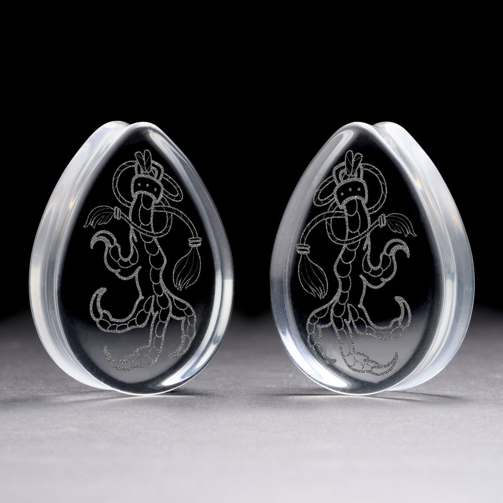 Eagle Claw Plug / Gauge - Teardrop Clear Glass | Flat Faced Double Flare - Lasered To Order In House At Custom Plugs HQ