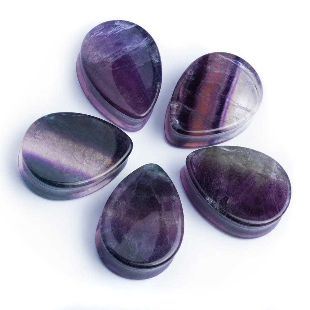 Teardrop Rainbow Fluorite Stone Plug / Gauge - Double Flare Stone Ear Plugs / Gauges in 10mm (00g) - 30mm (1.18")