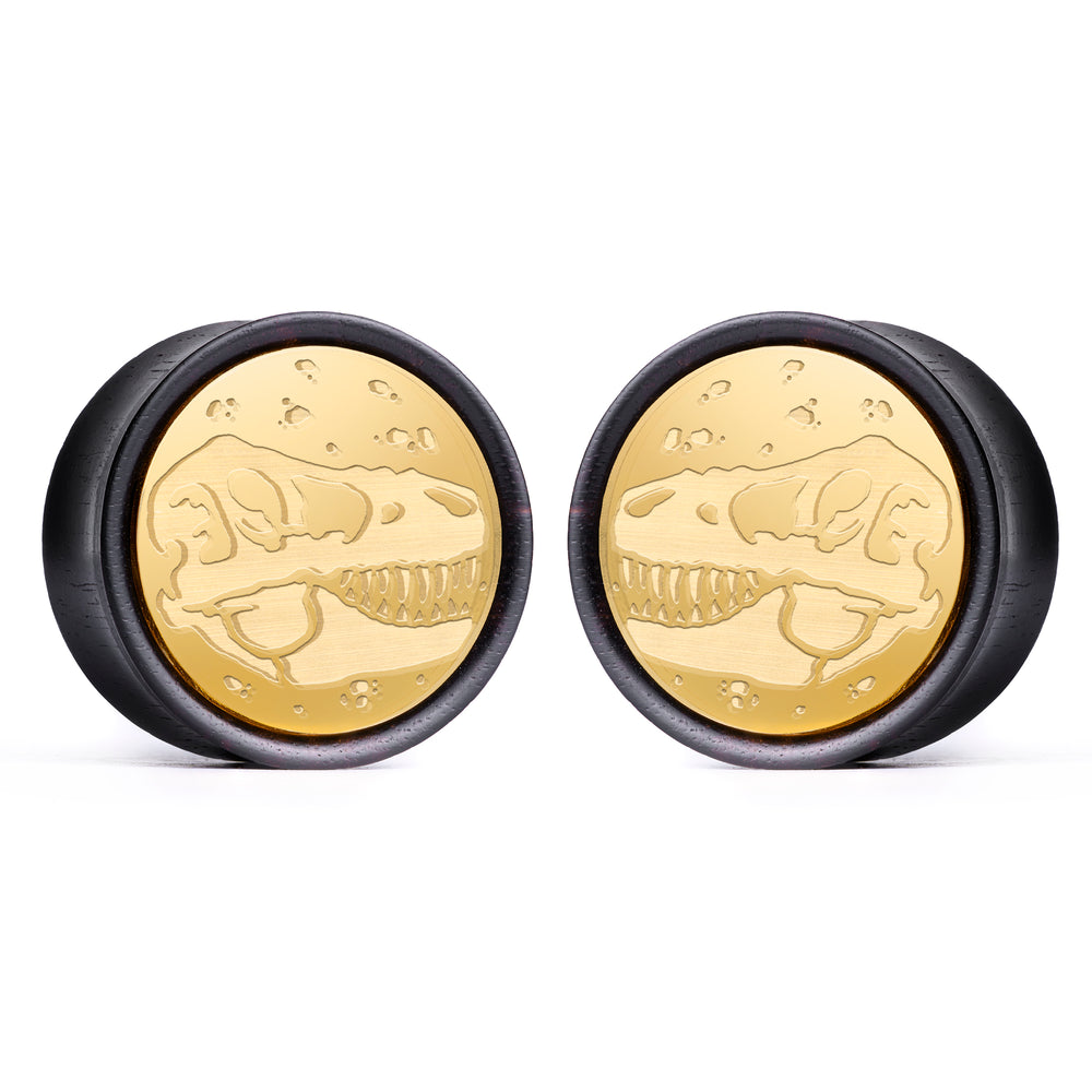 T-Rex Dinosaur Plug / Gauge - Gold Inlay Ebony Wood | Convex Double Flare - Lasered To Order In House At Custom Plugs HQ