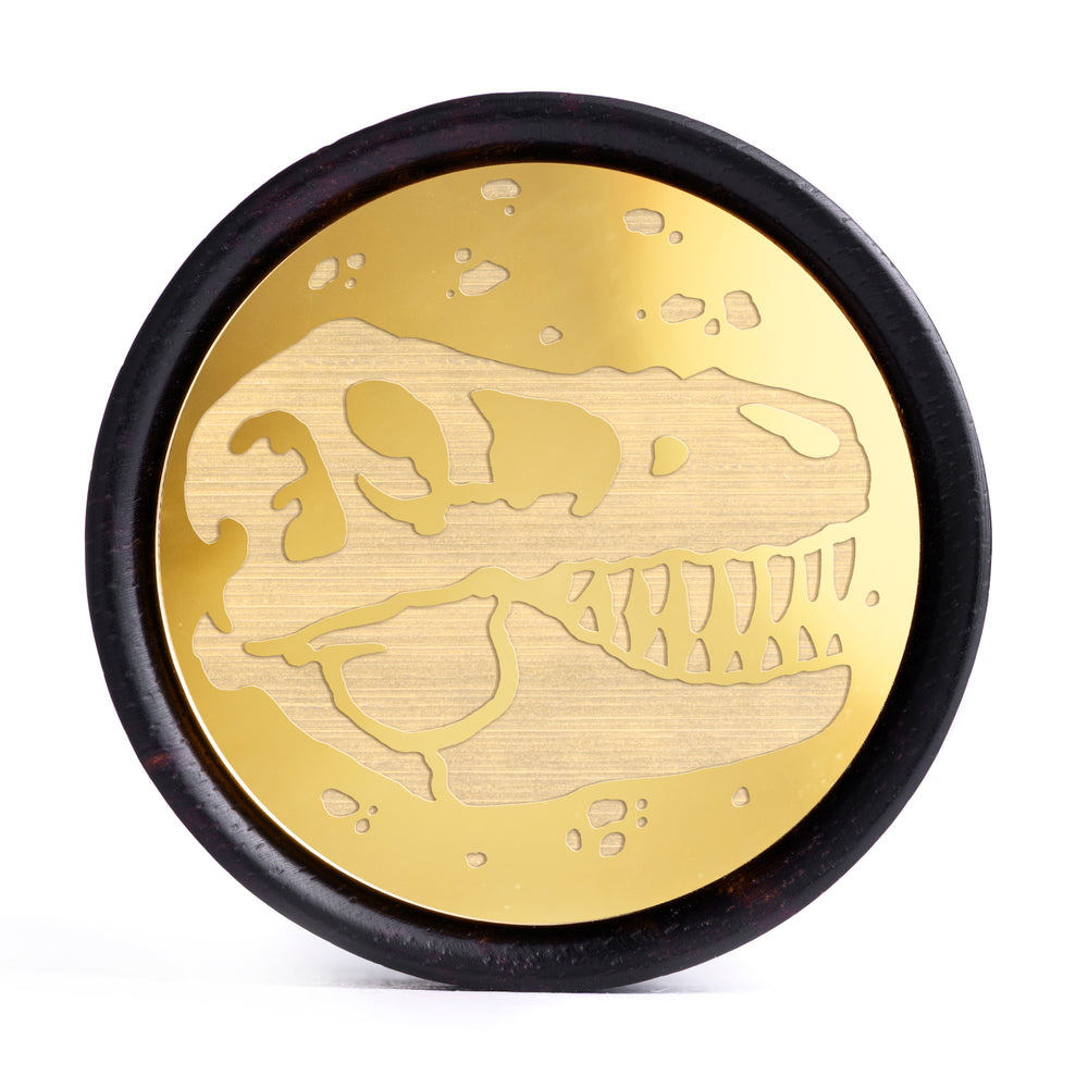 T-Rex Dinosaur Plug / Gauge - Gold Inlay Ebony Wood | Convex Double Flare - Lasered To Order In House At Custom Plugs HQ