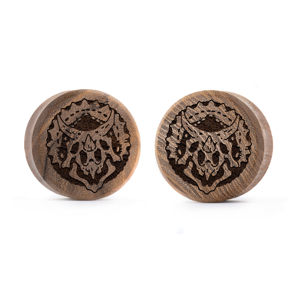 Triceratops Dinosaur Plug / Gauge - Teak Wood | Flat Faced Double Flare - Lasered To Order In House At Custom Plugs HQ