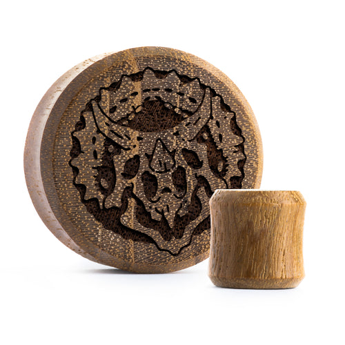 Triceratops Dinosaur Plug / Gauge - Teak Wood | Flat Faced Double Flare