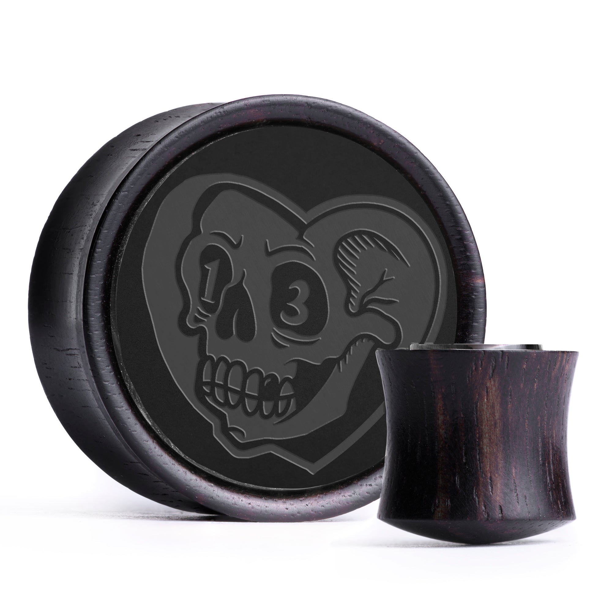 Heart Skull Plug / Gauge - Black Inlay Ebony Wood | Convex Double Flare