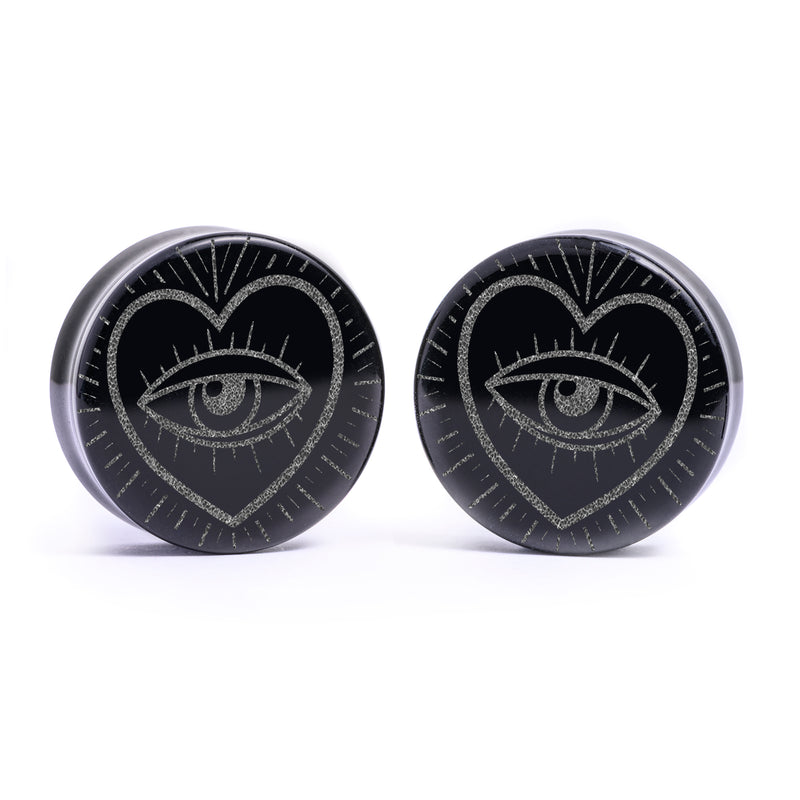 Plug / Gauge Cœur œil - Verre noir | Face plate double évasé