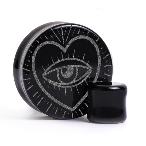 Eye Heart Plug / gauge - Schwarzes Glas | Doppelaufgeweitet mit flachem Gesicht
