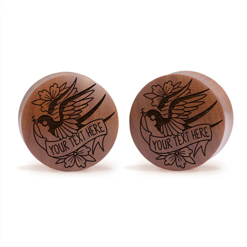 Plug / Gauge Hirondelle mots personnalisés - Bois de Saba | Convexe double évasé