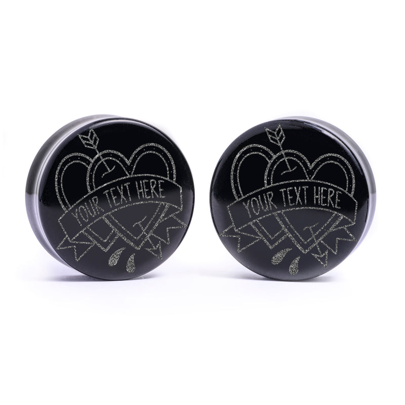 Plug / Gauge Love Hearts mots personnalisés - Verre noir | Face plate double évasé