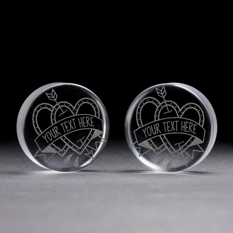 Plug / Gauge Love Hearts mots personnalisés - Verre transparent | Face plate double évasé
