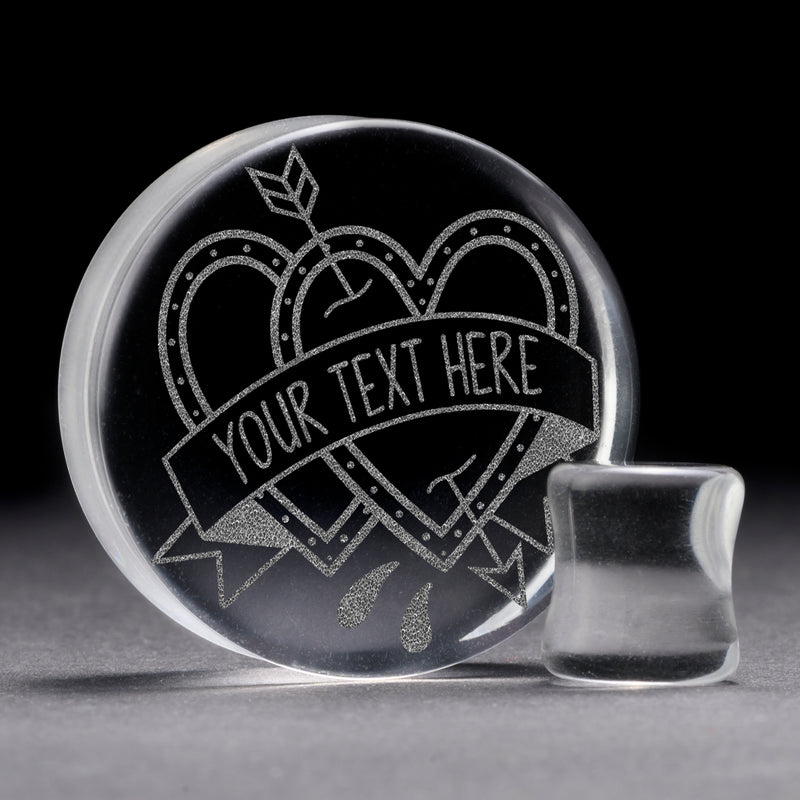Plug / Gauge Love Hearts mots personnalisés - Verre transparent | Face plate double évasé