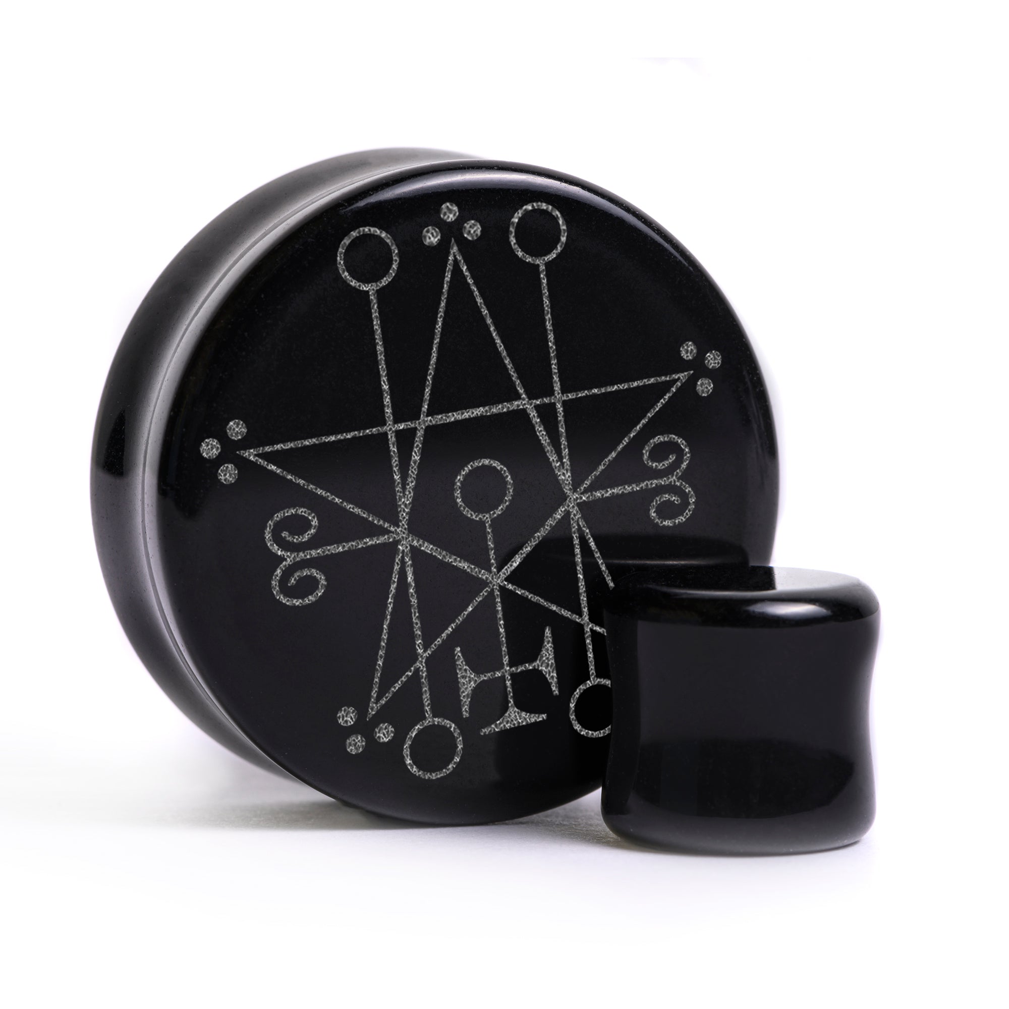 Astaroth Satanic Plug / Gauge - Black Glass | Flat Faced Double Flare - Lasered To Order In House At Custom Plugs HQ