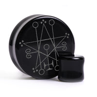 Astaroth Satanic Plug / Gauge - Black Glass | Flat Faced Double Flare - Lasered To Order In House At Custom Plugs HQ
