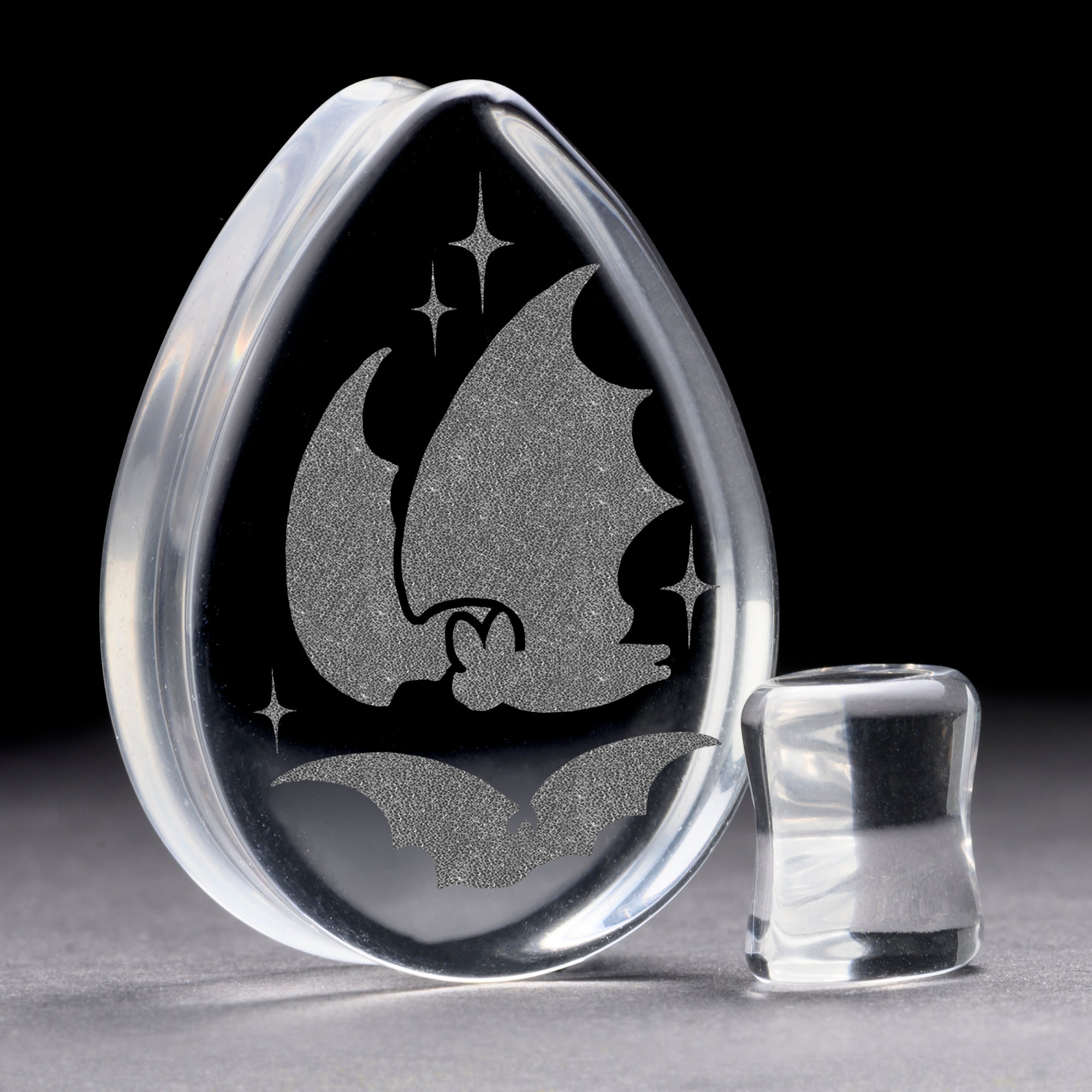 Bat Plug / Gauge - Teardrop Clear Glass | Flat Faced Double Flare