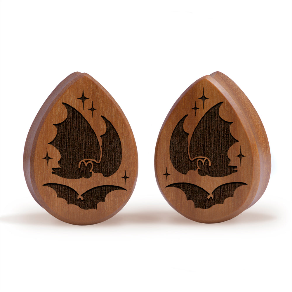 Bat Plug / Gauge - Teardrop Saba Wood | Flat Faced Double Flare - Lasered To Order In House At Custom Plugs HQ