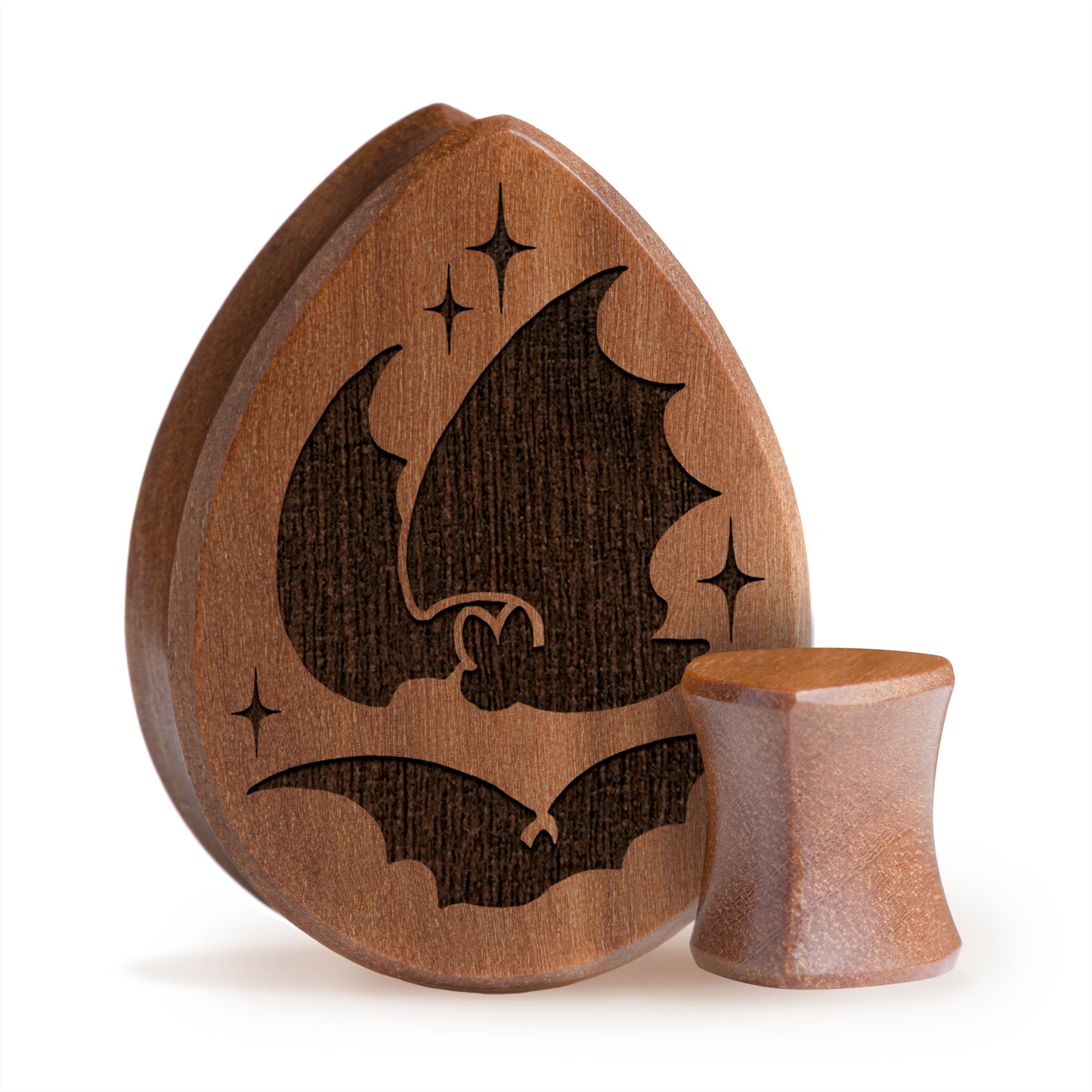 Bat Plug / Gauge - Teardrop Saba Wood | Flat Faced Double Flare