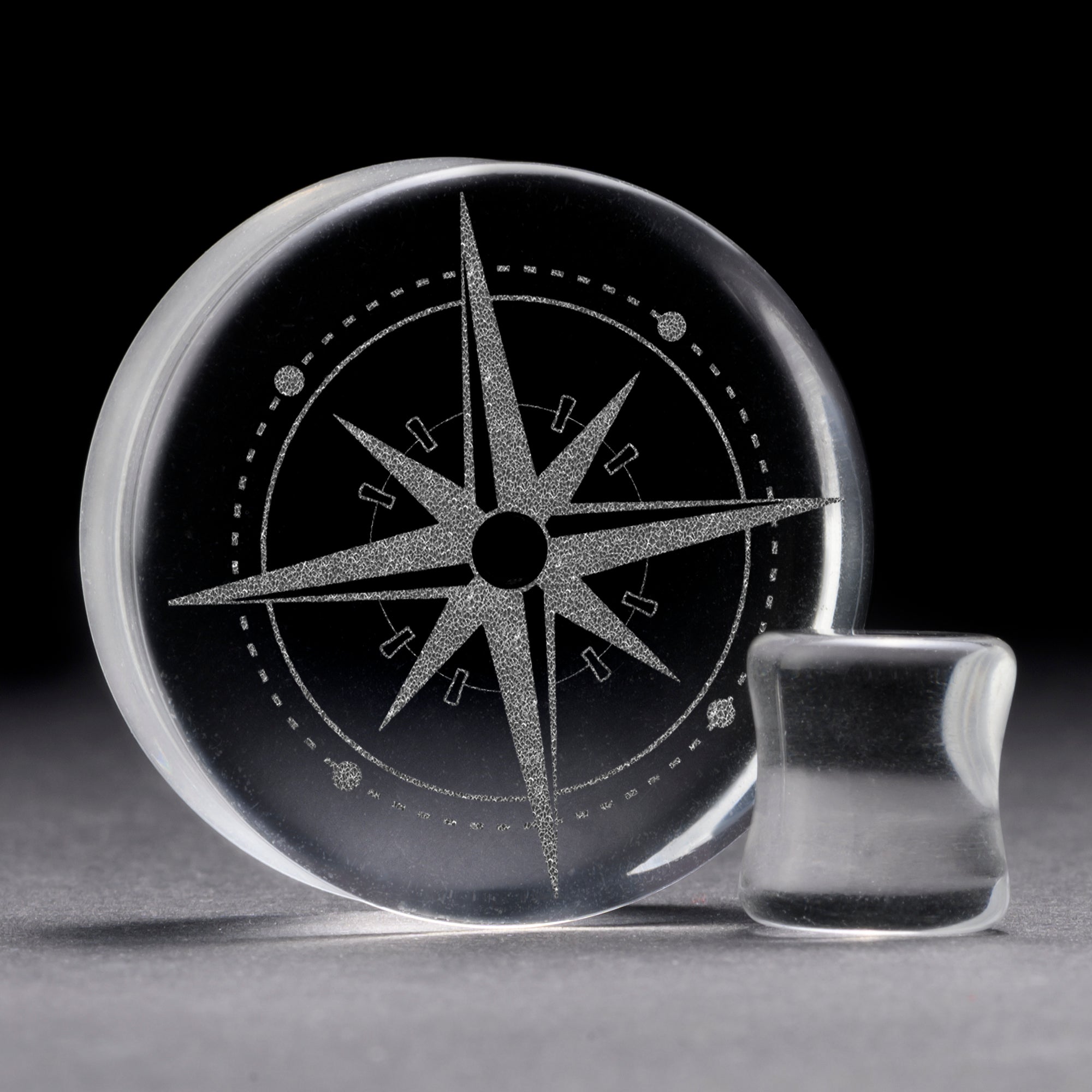 Compass Plug / Gauge - Clear Glass | Flat Faced Double Flare - Lasered To Order In House At Custom Plugs HQ