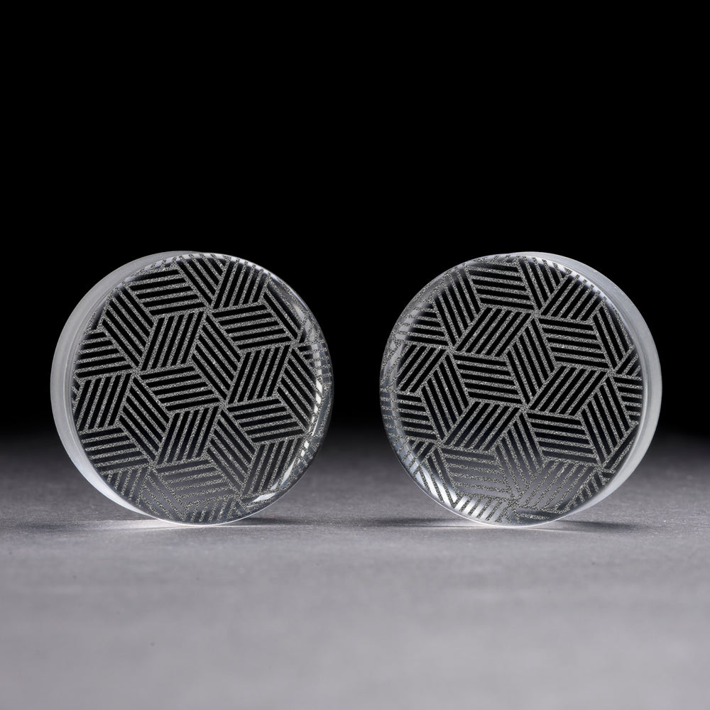 Cross Hatch Plug / Gauge - Clear Glass | Flat Faced Double Flare - Lasered To Order In House At Custom Plugs HQ