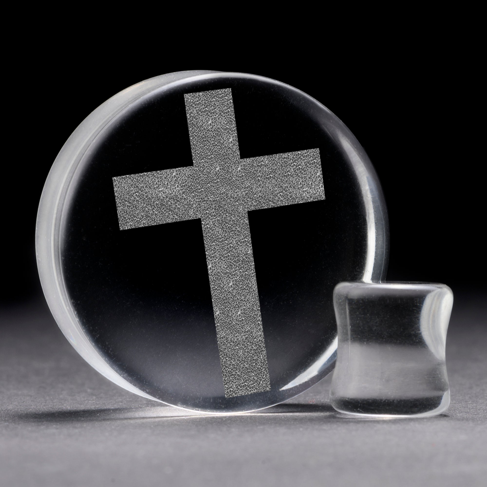 Cross Plug / Gauge - Clear Glass | Flat Faced Double Flare - Lasered To Order In House At Custom Plugs HQ