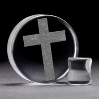 Cross Plug / Gauge - Clear Glass | Flat Faced Double Flare - Lasered To Order In House At Custom Plugs HQ