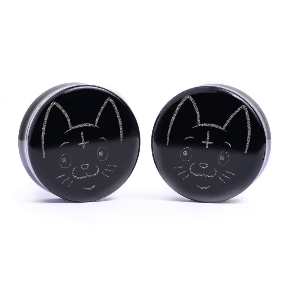 Cult Cat Plug / Gauge - Black Glass | Flat Faced Double Flare - Lasered To Order In House At Custom Plugs HQ