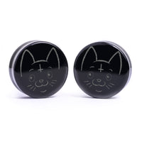 Cult Cat Plug / Gauge - Black Glass | Flat Faced Double Flare - Lasered To Order In House At Custom Plugs HQ