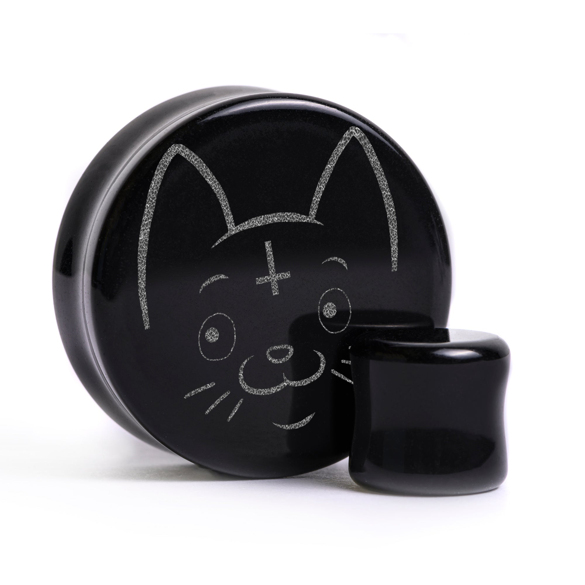 Cult Cat Plug / gauge - Schwarzes Glas | Doppelaufgeweitet mit flachem Gesicht