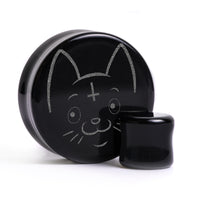 Cult Cat Plug / gauge - Schwarzes Glas | Doppelaufgeweitet mit flachem Gesicht