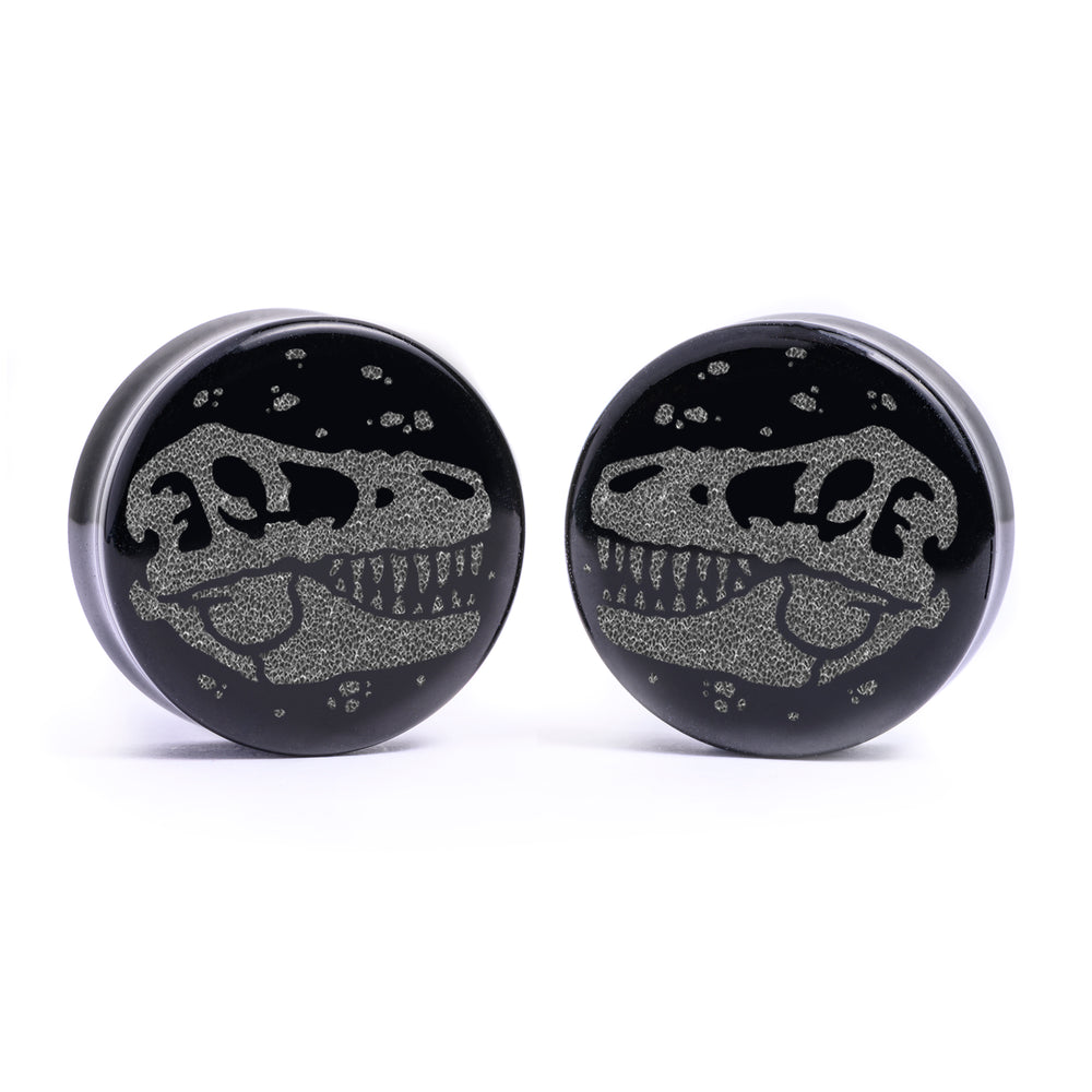 T -Rex Dinosaurier Plug / gauge - Schwarzes Glas | Doppelaufgeweitet mit flachem Gesicht