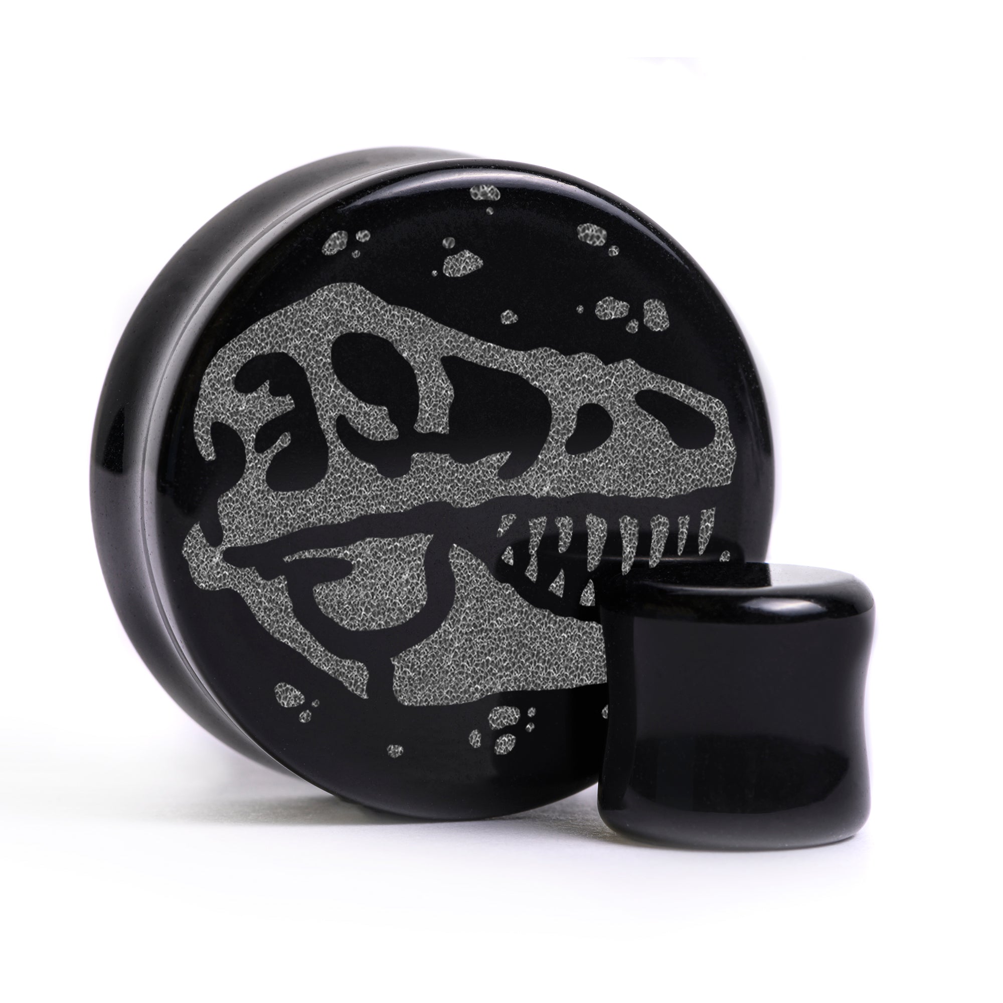 T -Rex Dinosaurier Plug / gauge - Schwarzes Glas | Doppelaufgeweitet mit flachem Gesicht