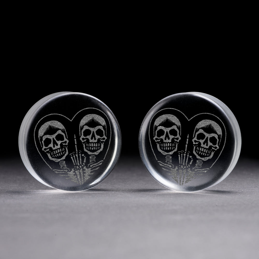 FU2 Heart Skull Plug / Gauge - Clear Glass | Flat Faced Double Flare - Lasered To Order In House At Custom Plugs HQ
