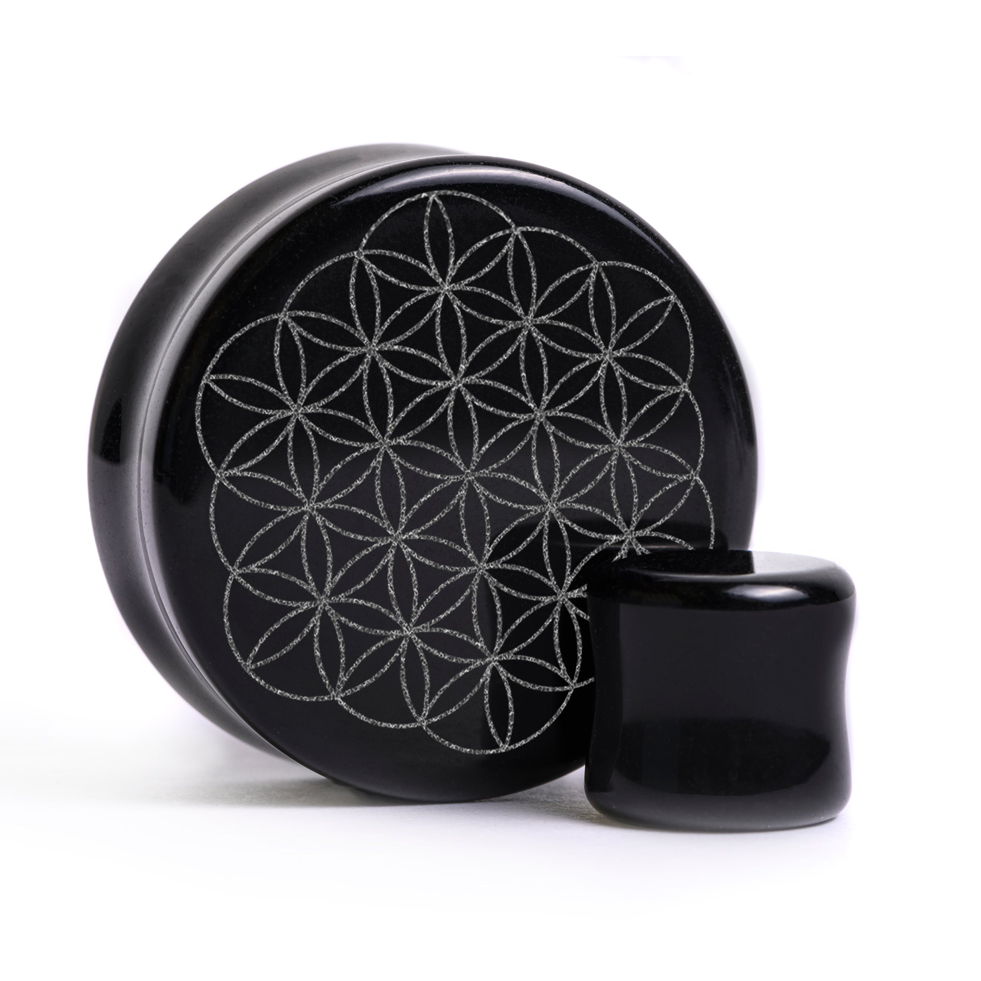 Blume of Life Plug / gauge - Schwarzes Glas | Doppelaufgeweitet mit flachem Gesicht
