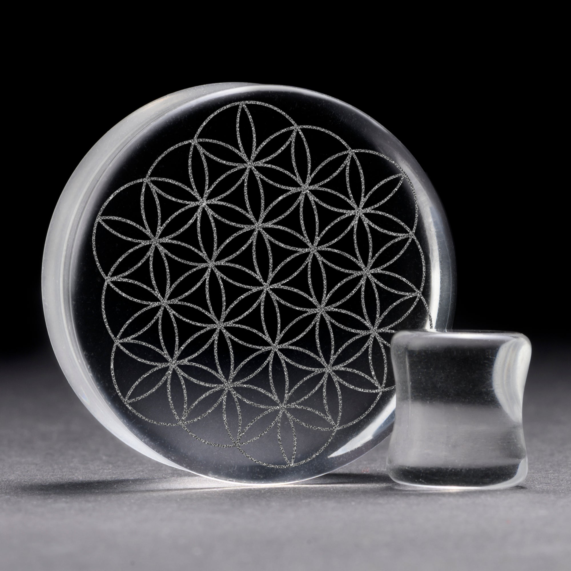 Flower Of Life Plug / Gauge - Clear Glass | Flat Faced Double Flare - Lasered To Order In House At Custom Plugs HQ