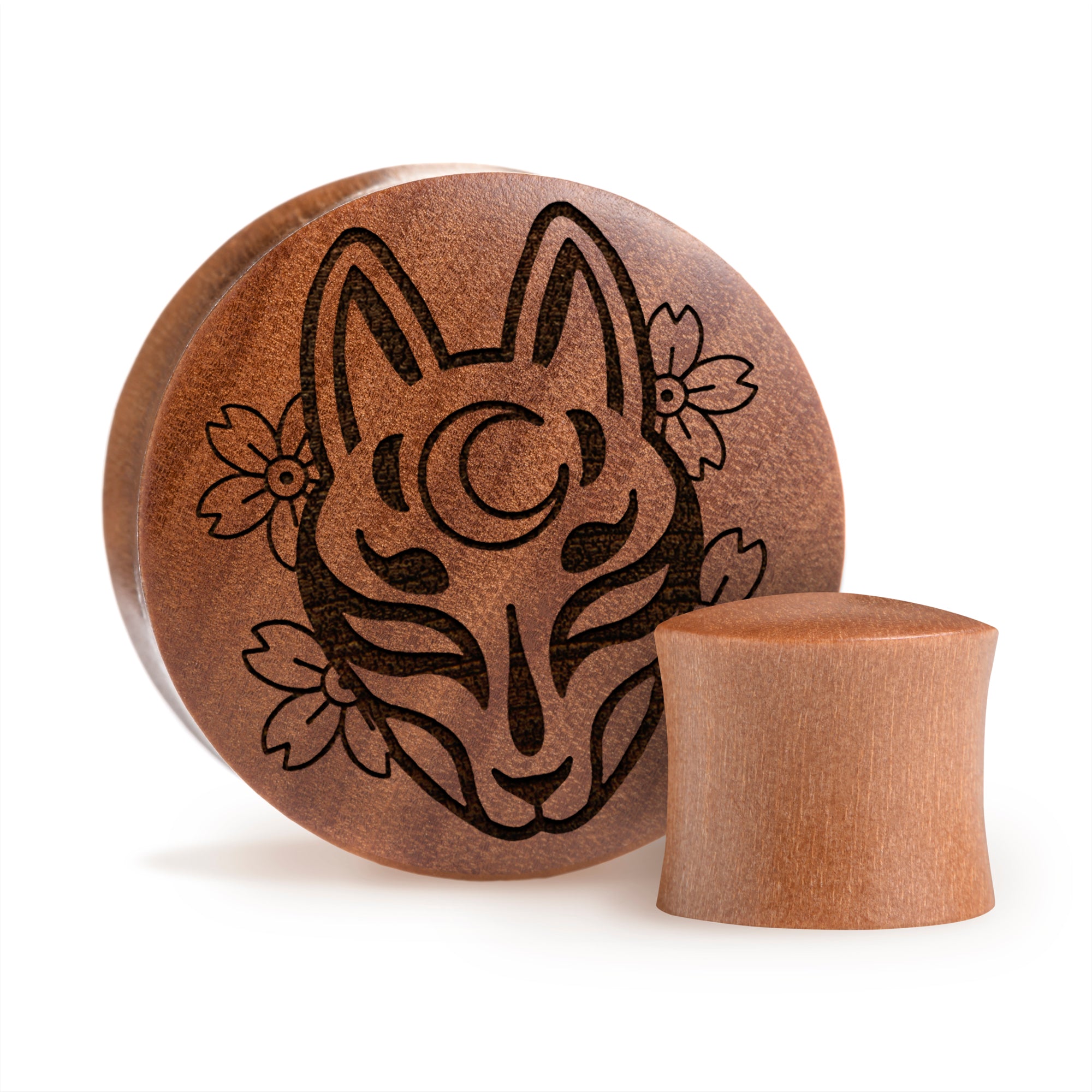 Kitsune Fox Mask Plug / Gauge - Saba Wood | Konvexe Doppelaufgeweitet