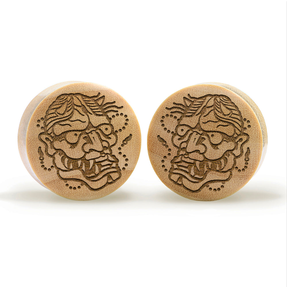 Hannya Mask Plug / Gauge - Crocodile Wood | Convex Double Flare - Lasered To Order In House At Custom Plugs HQ