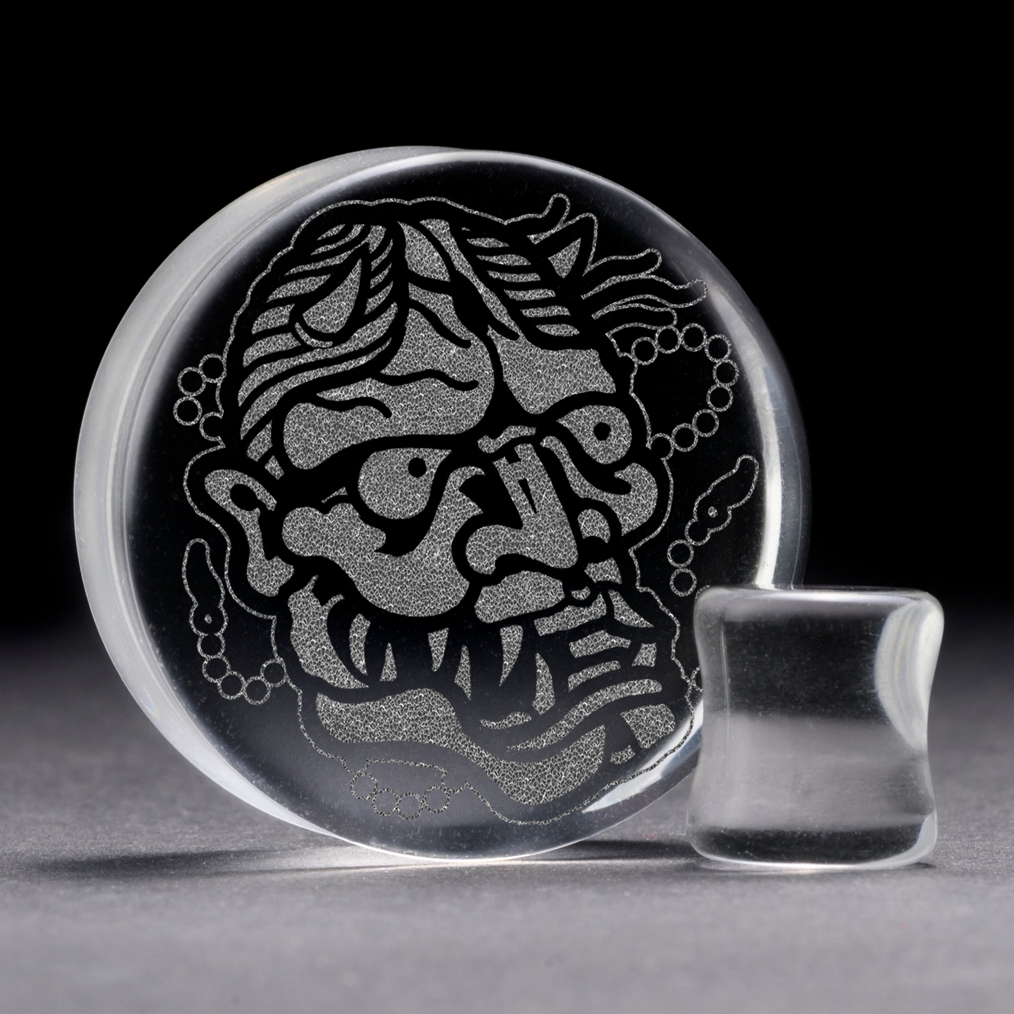 Hannya Mask Plug / Gauge - Clear Glass | Doppelaufgeweitet mit flachem Gesicht