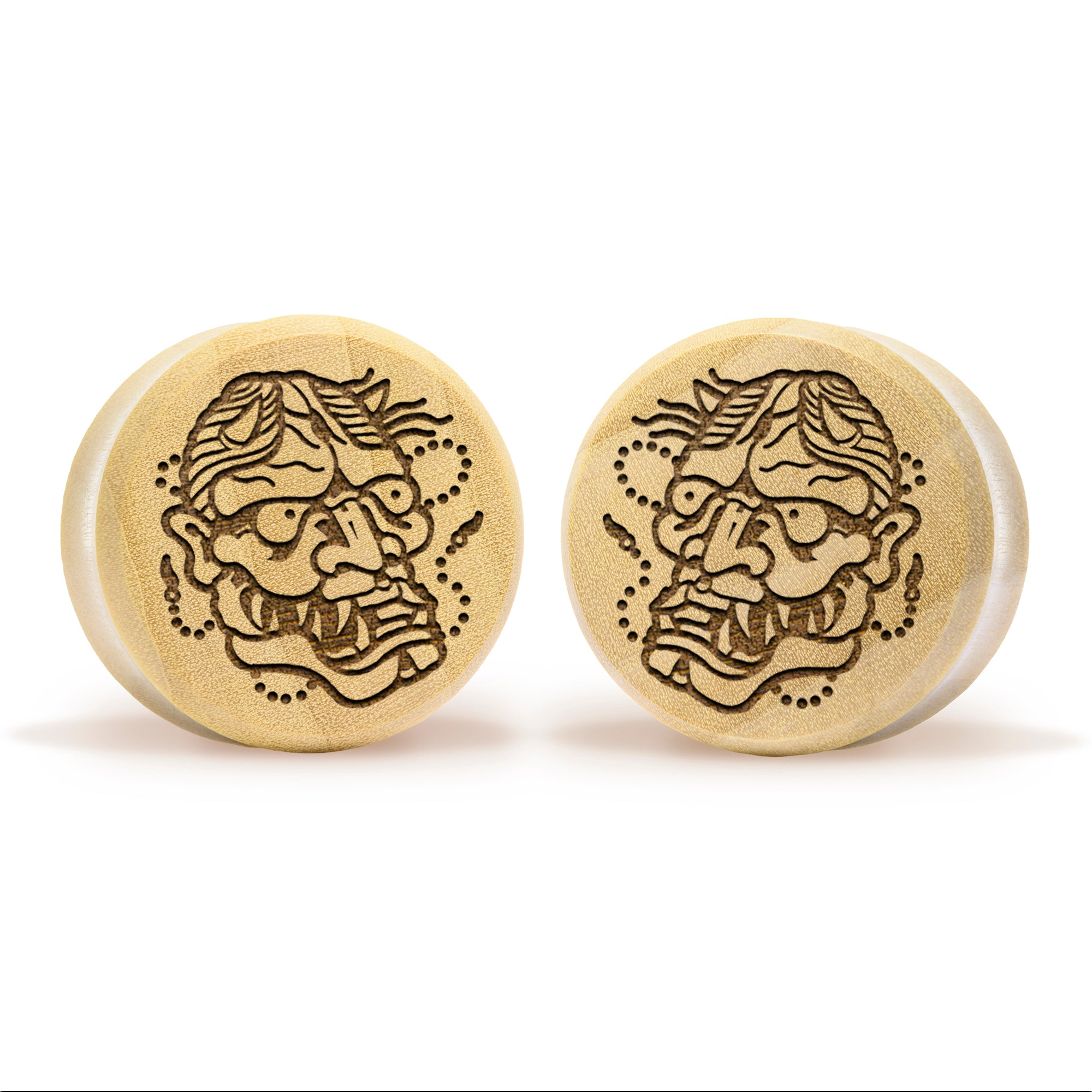 Hannya Mask Plug / Gauge - Krokodilholz | Doppelaufgeweitet mit flachem Gesicht