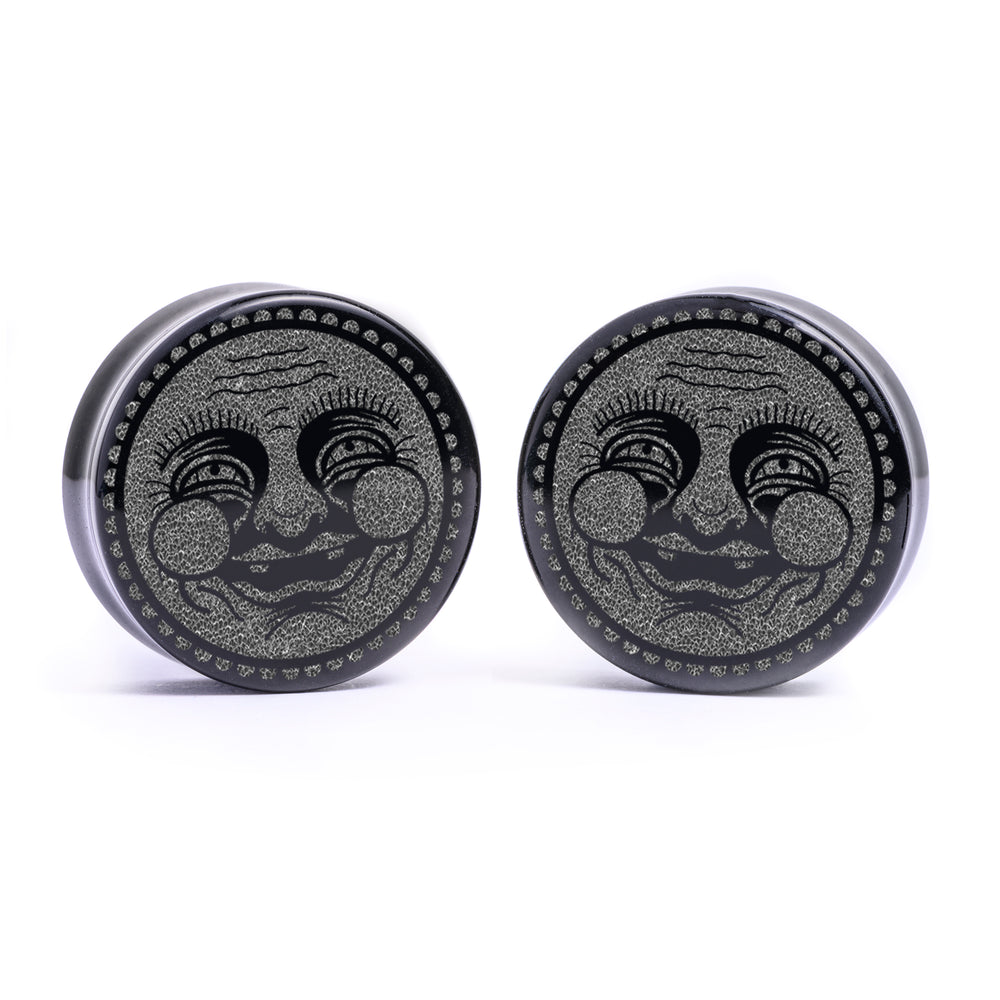 Happy Face Plug / gauge - Schwarzes Glas | Doppelaufgeweitet mit flachem Gesicht