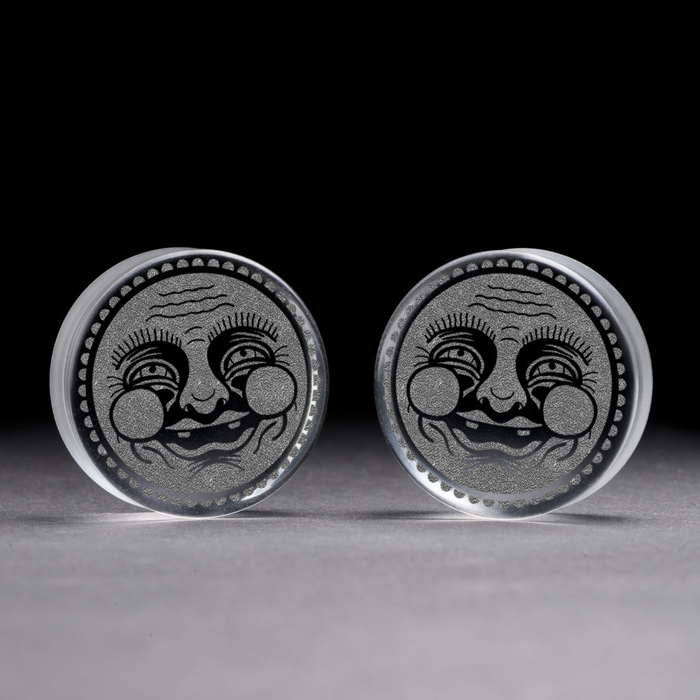 Happy Face Plug / Gauge - Clear Glass | Flat Faced Double Flare - Lasered To Order In House At Custom Plugs HQ