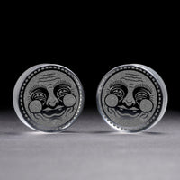 Happy Face Plug / Gauge - Clear Glass | Flat Faced Double Flare - Lasered To Order In House At Custom Plugs HQ