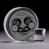 Happy Face Plug / Gauge - Clear Glass | Flat Faced Double Flare - Lasered To Order In House At Custom Plugs HQ